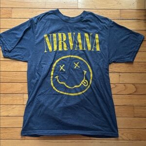 Six Fifty One Blue Yellow Happy Face Logo Nirvana Shirt Women’s Size M Medium